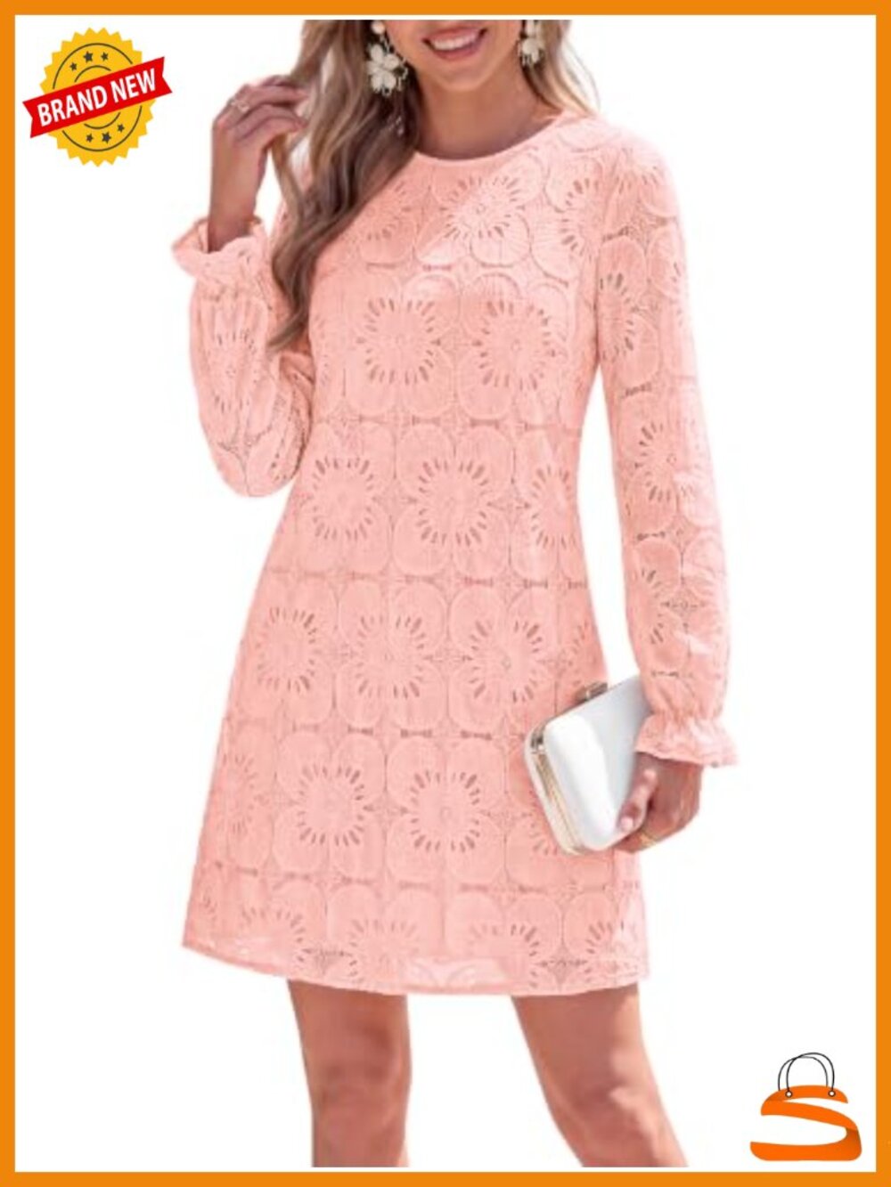 Women's Floral Eyelet Lace Mini Dress Long Sleeve Crewneck Ruffle Cuff